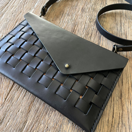Black woven multi-wear clutch - Full grain veg-tanned leather