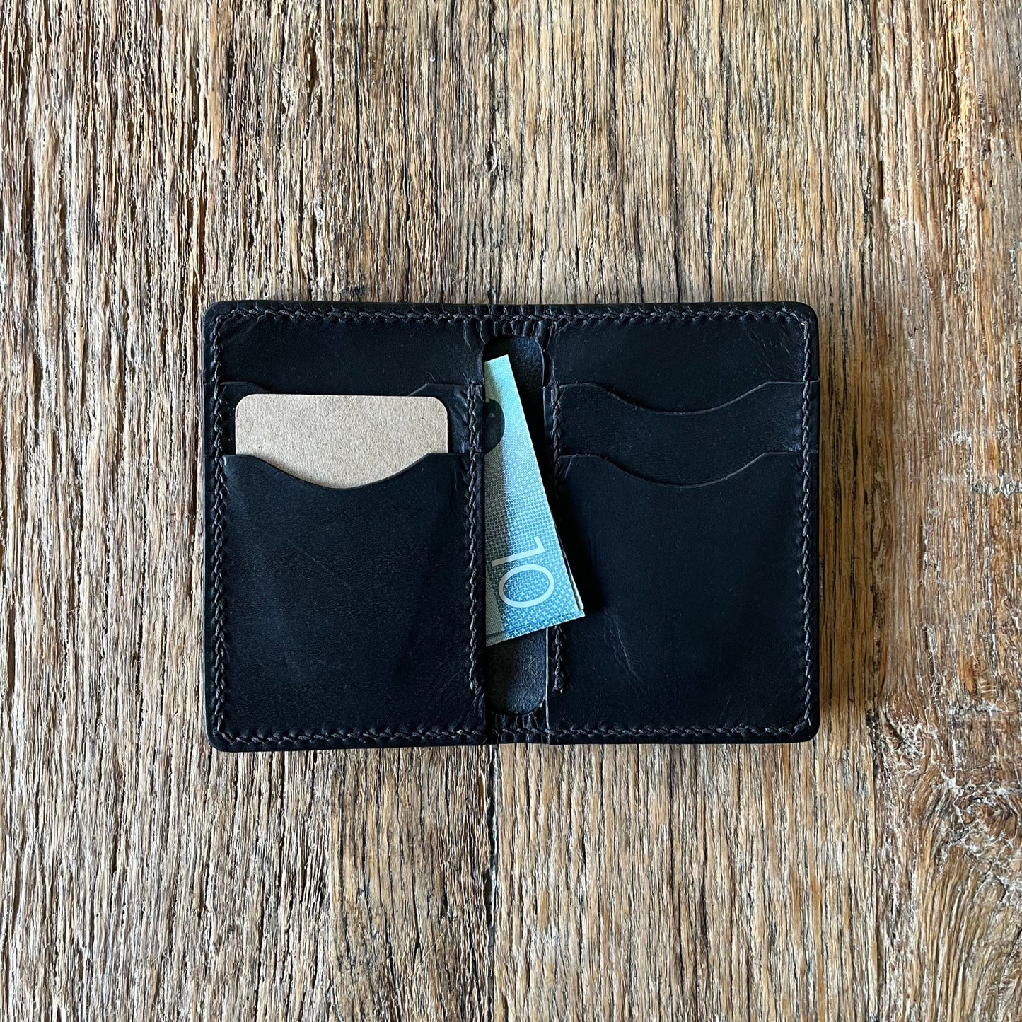 open view of a black italian leather bi-folding wallet