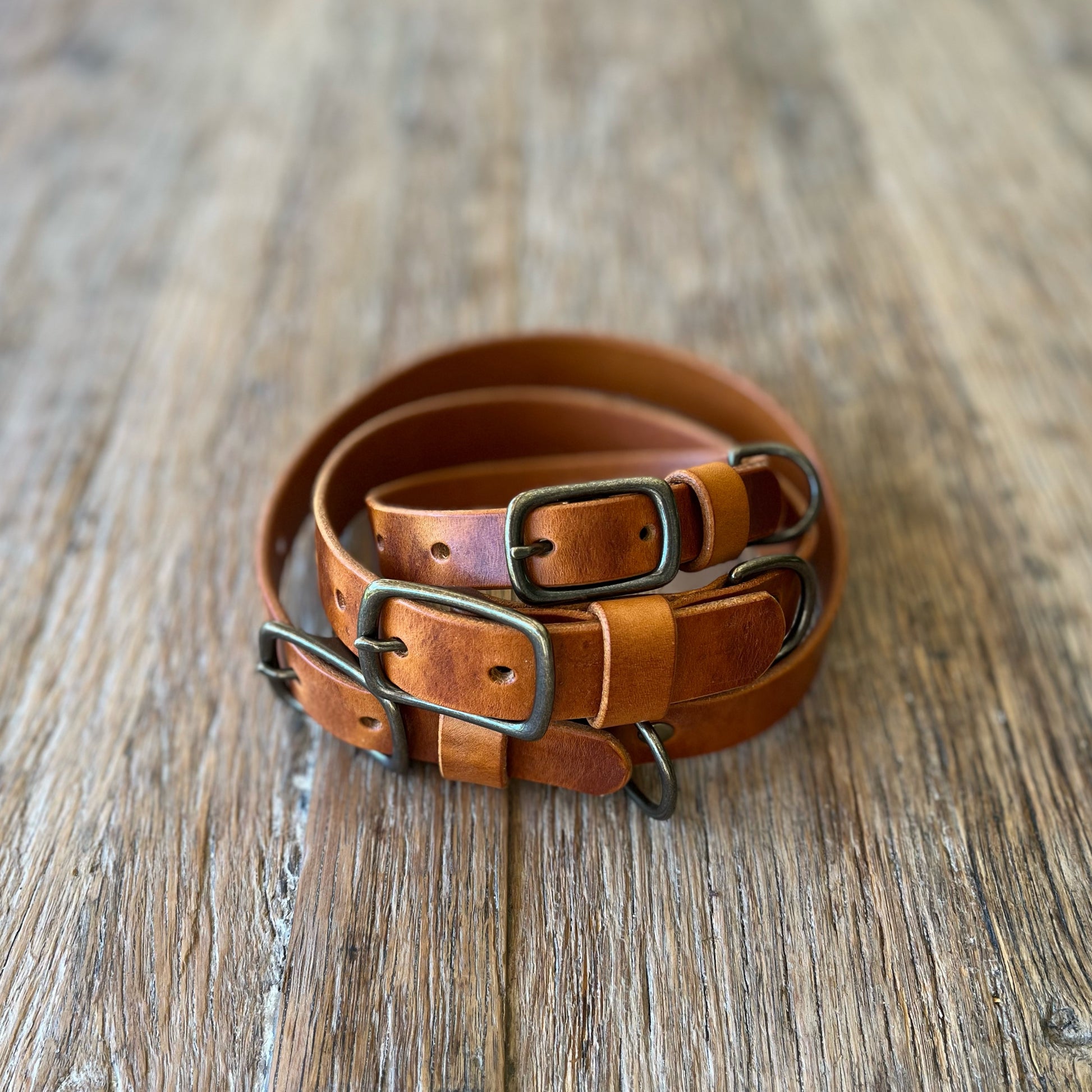 Brown leather dog collars with brass buckles on a wooden surface