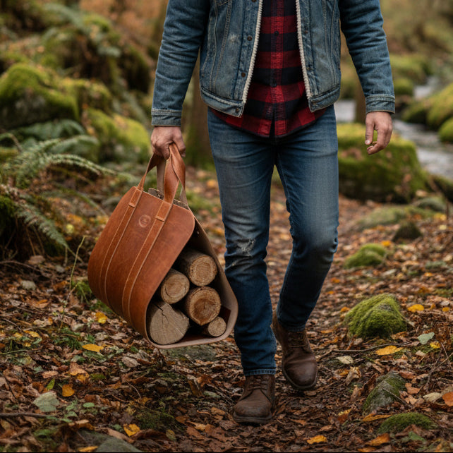 A brown leather firewood carrier bag filled with logs, set on a concrete floor in front of a wicker basket containing more firewood.