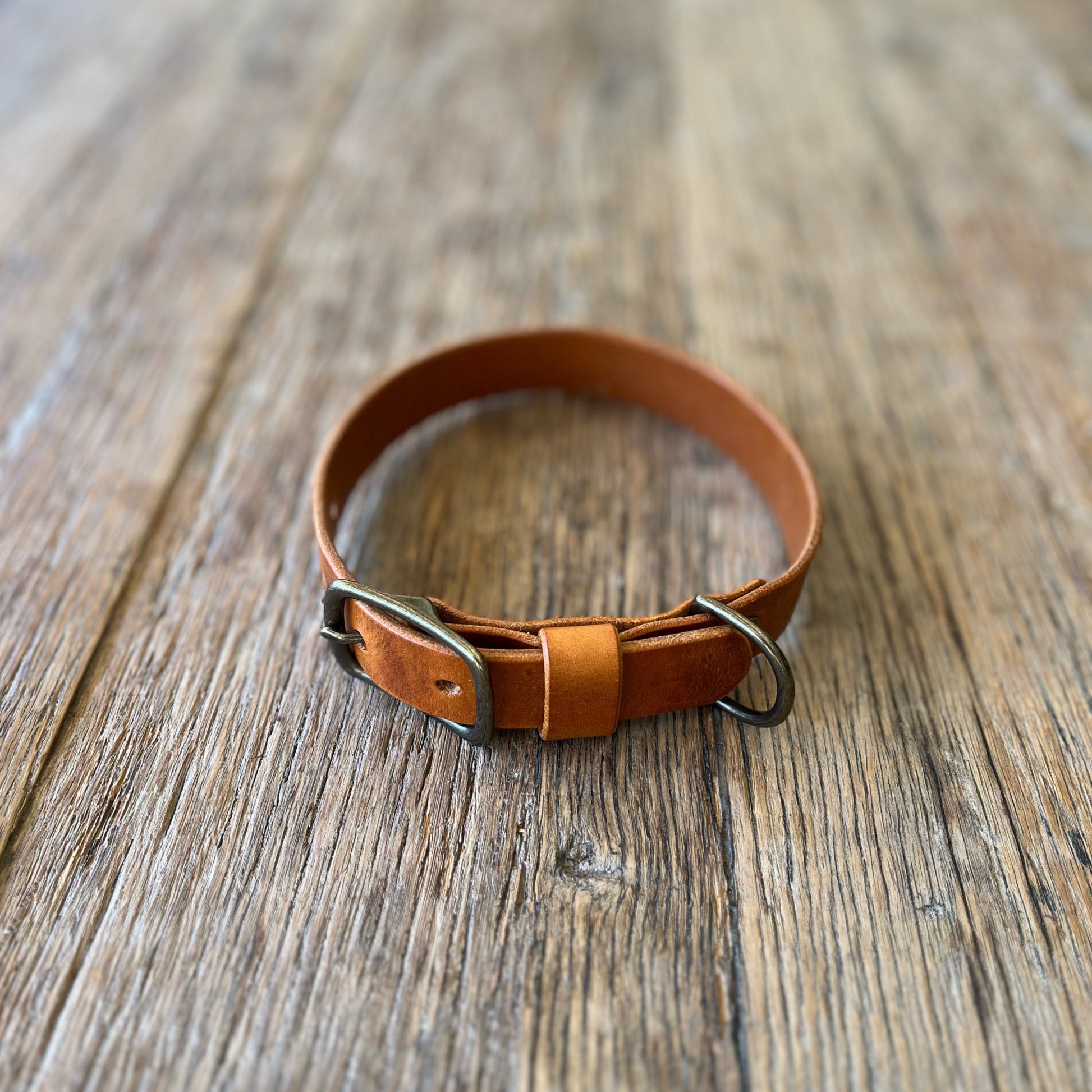 Brown leather dog collar on a wooden surface