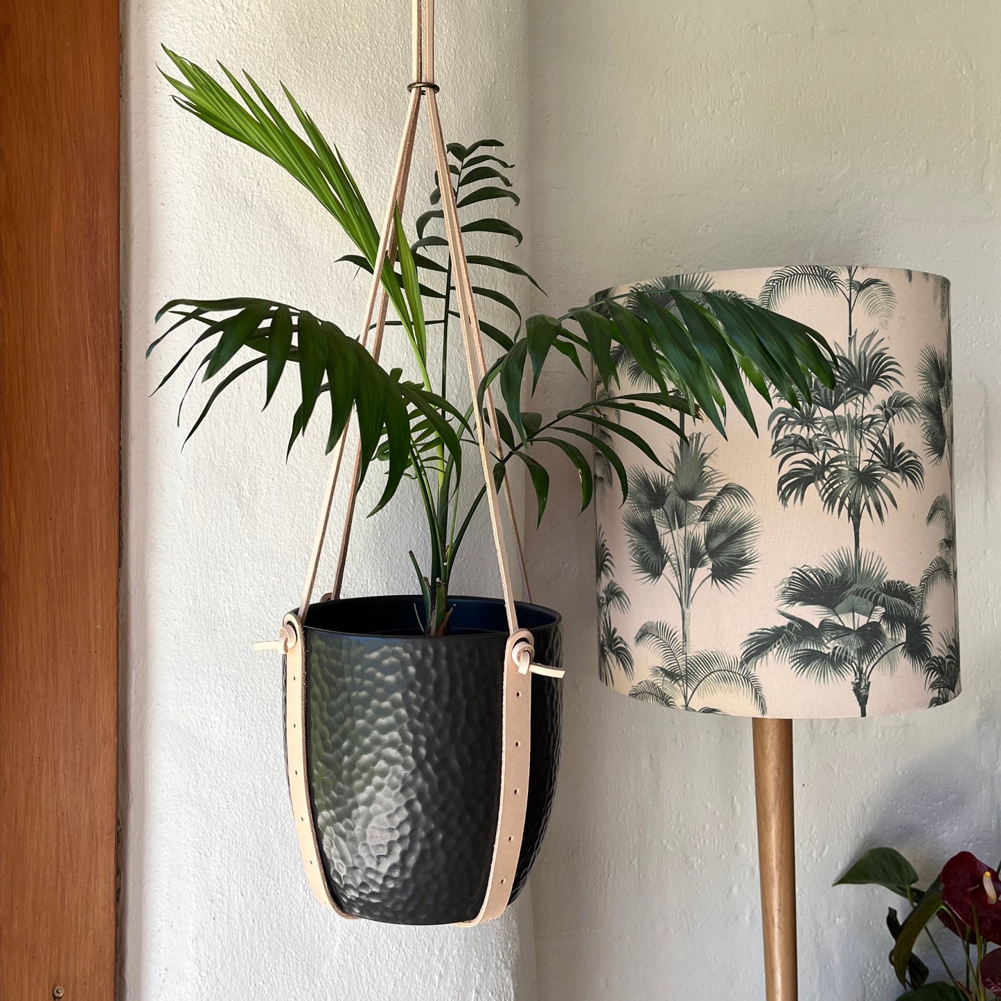 Large leather plant hanger with black pot