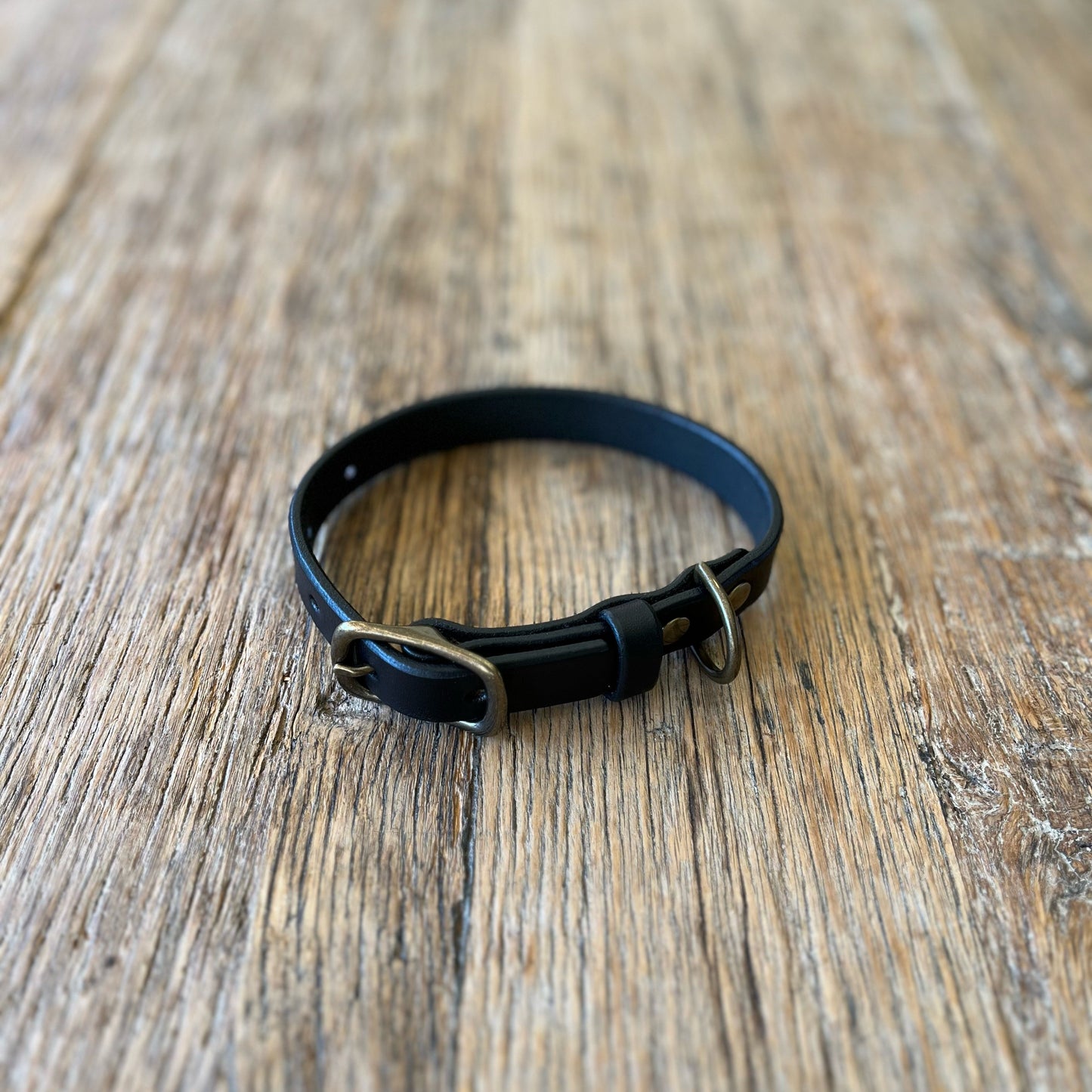 Black leather collar with brass hardware on a wooden surface
