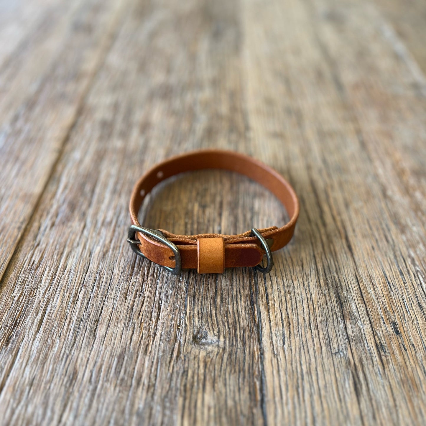 Brown leather dog collar on a wooden surface