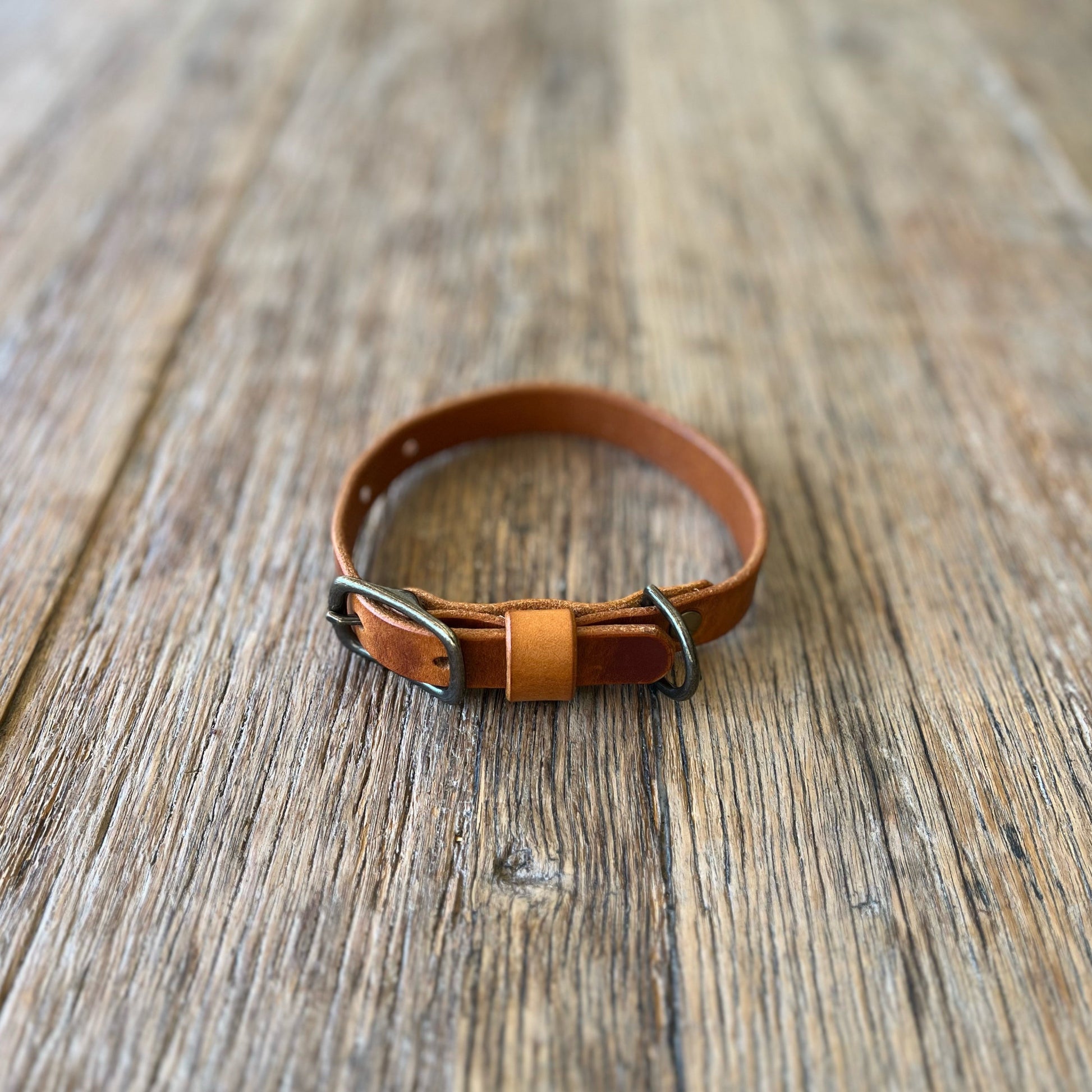 Brown leather dog collar on a wooden surface