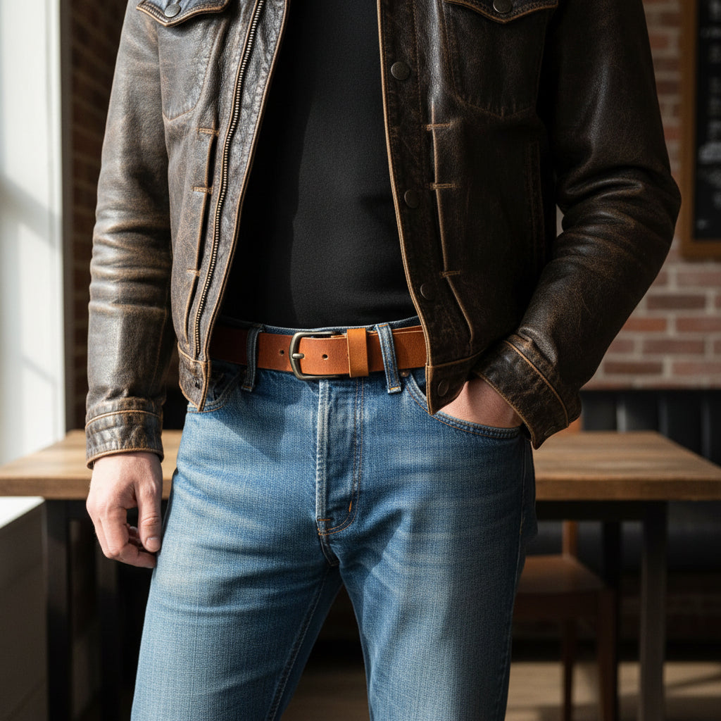 Brown leather belt with a brass buckle on a wooden surface