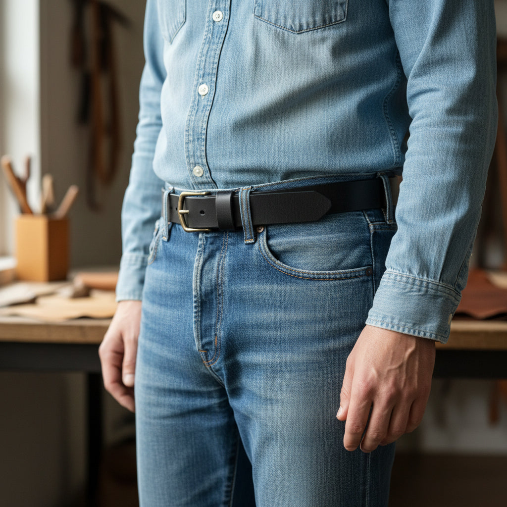Black leather belt with brass buckle on a wooden surface